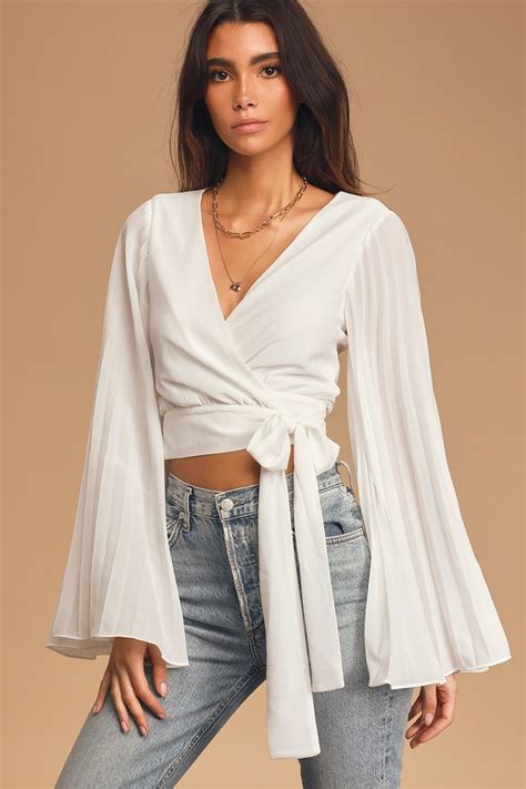 White Wrap Top Pleated Bell Sleeve Wrap Top Cropped Wrap Top Lulus