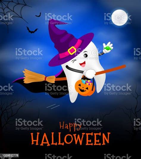 Cute Scary Tooth Character Design Of Witch Stock Illustration