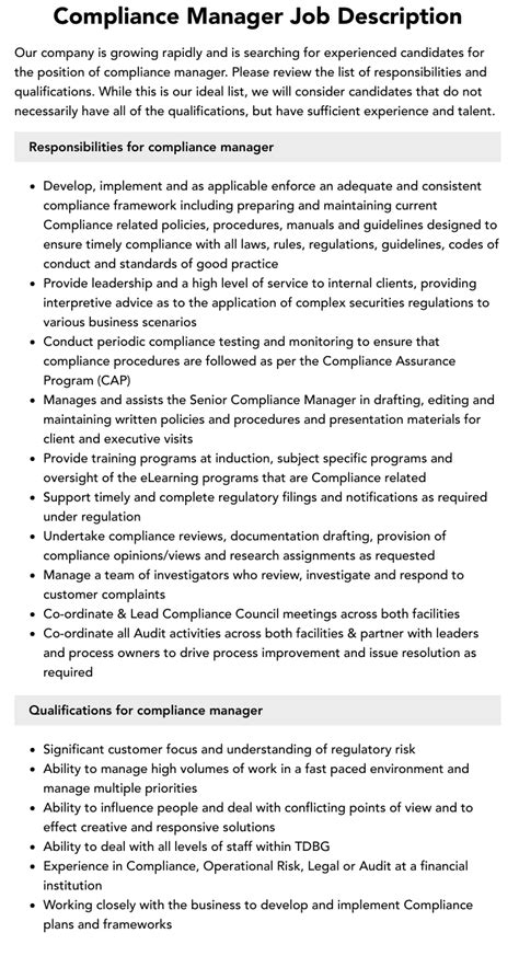 Compliance Manager Job Description Velvet Jobs