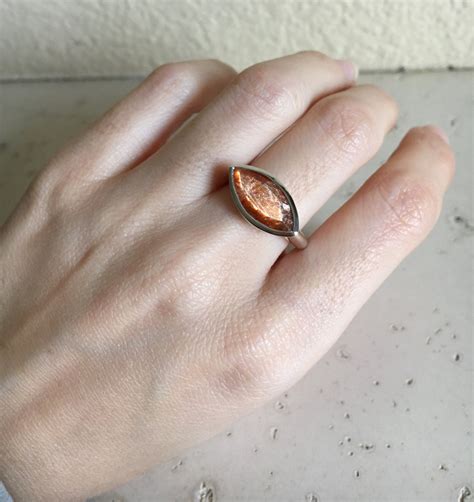 Unique Sunstone Marquise Engagement Ring Sunstone Promise Ring Bezel Gemstone Ring Unique
