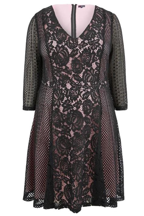 Lovedrobe Black And Pink Floral Lace Dress Plus Size 16 To 32