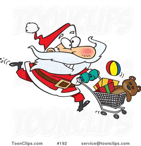 Cartoon Energetic Santa Claus Running Through A Retail Store With A