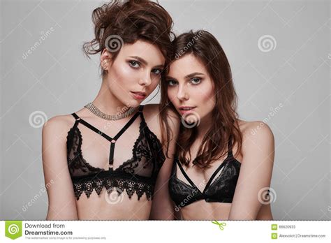 Portrait Of Two Beautiful Sensual Brunette Models Twins Stock Image