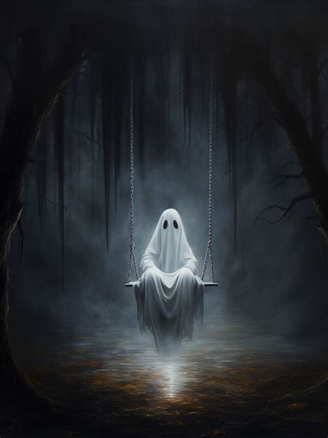 An Oil Painting Of A Ghost On A Swing In A Dark Forest Victorian