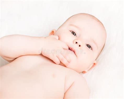 Closeup Portrait Of A Cute Baby Lying And Sucking Fingers Stock Image