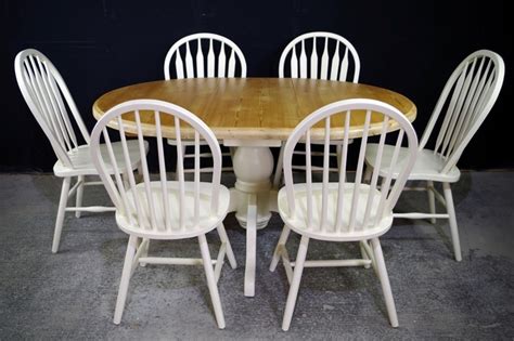 Oval farmhouse table and chairs. Oval pine pedestal table + 6 farmhouse bow back chairs ...