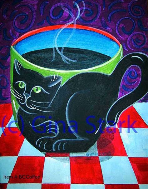 Black Cat Hot Coffee Cup Whimsical Pop Art Print Etsy Ilustraciones