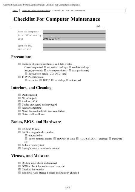 22 Computer Maintenance Checklist Form Excel Template