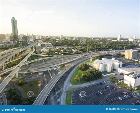 Top View Elevated Highway Stack Interchange And Houston Skylines Stock