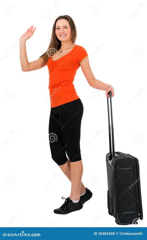 A Beautiful Tourist Woman With Baggage Showing Sign Isolated On White