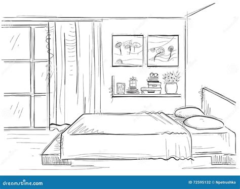 Interior Del Dormitorio Mano Del Vector Que Dibuja El Ejemplo Casero Moderno Ilustración del