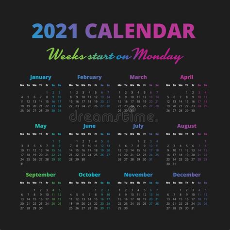 'o people, there comes to you a great month now, a most blessed month, in which is a night greater in value and goodness than. Simple 2021 Year Calendar, Weeks Start On Monday Stock ...