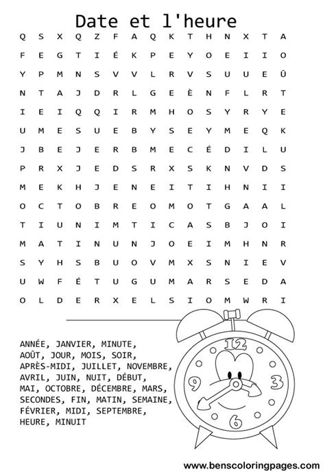 French Time And Date Word Search
