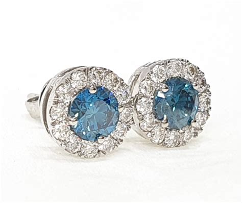 Fancy Blue Diamond Round Cut Halo Diamond Stud Earrings18Kt Gold