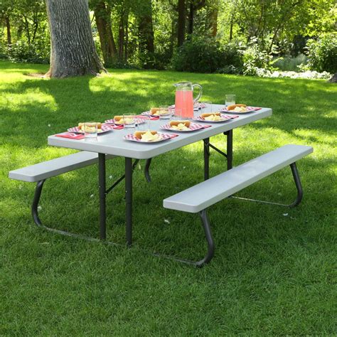 Lifetime 22119 30 X 72 Rectangular Putty Plastic Folding Picnic Table With Attached Benches