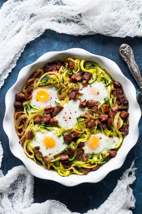 Arrange sausages and bacon on a rimmed baking sheet. Spicy Zucchini Noodle Egg Bake {Paleo & Whole30}