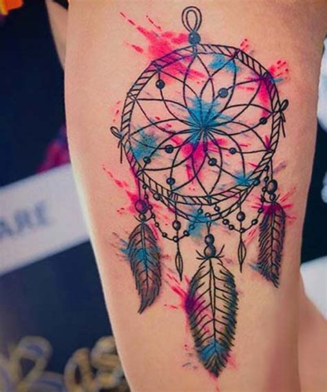 gorgeous watercolor dreamcatcher tattoo on thigh sexy thigh tattoo ideas dream catcher