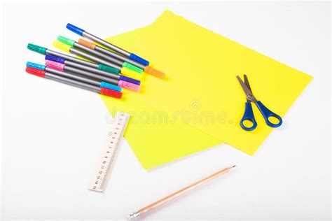 Set Of Color Papers Scissors Ruler Felt Tip Pens And Pencil For