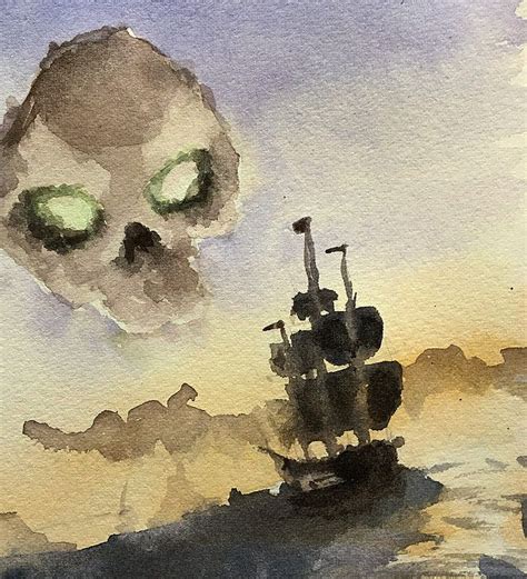 A Watercolor Painting Of A Pirate Ship In The Ocean With An Alien Head