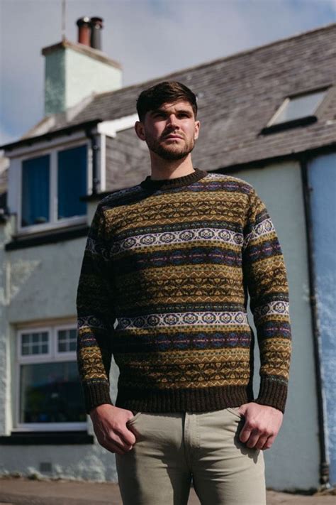 Mens Fair Isle Jumper In Olive Brown Drumtochty Pattern Made In
