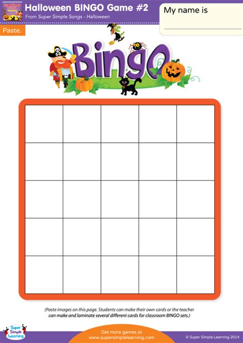 Whoops, looks like you forgot to give your bingo card a title like animal bingo cards or spanish word bingo. please fill the title field in so you can print. Halloween BINGO Game #2 - Super Simple