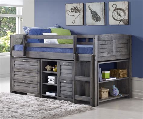 louver low loft bed with storage antique grey finish from donco trading furniture 790aag a low