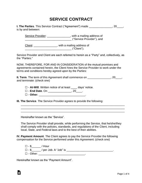 Printable Blank Service Contract Template Customize And Print