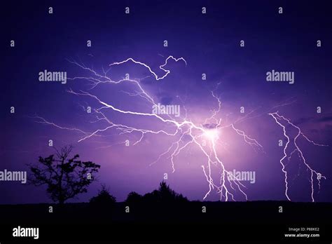 Thunder Lightnings And Rain On Stormy Summer Night Stock Photo Alamy