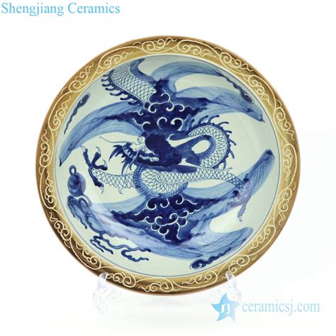Rzmw09 Ab Blue And White Hand Painted Dragon China Plates With Yellow