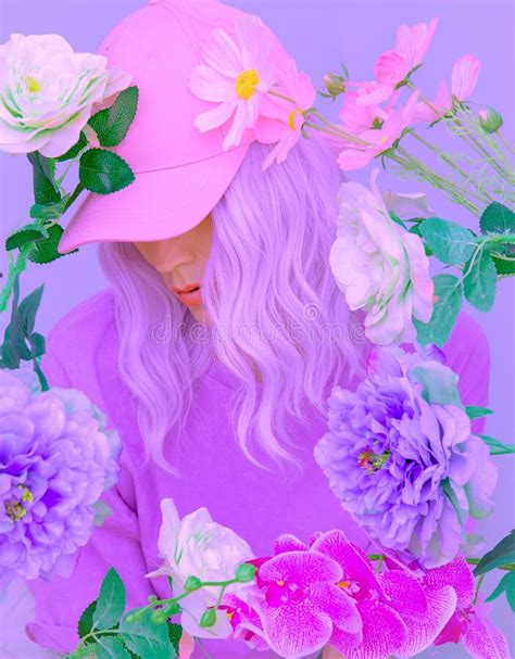 Pastel Vanilla Girl With Flowers In Trendy Bucket Hat Sweet And Bloom