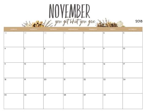 Free Printable November 2018 Monthly Calendar Календарь Настенный