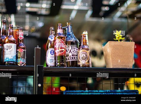 Craft Beer Bottles On A Bar Counter Stock Photo Alamy
