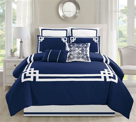 Gray and navy comforter set. 8 Piece Lucca Navy Comforter Set