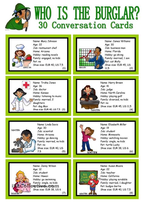 What can you say after you introduce yourself in english? WHO IS THE BURGLAR? - 30 Conversation Cards - Roleplay ...