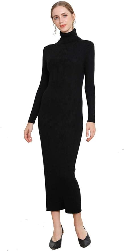 Womens Sweater Dress Cashmere Wool Ribbed Knit Turtleneck Long Maxi