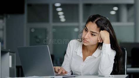 Sad Bored Lazy Young Woman Typing On Laptop Tired Unmotivated
