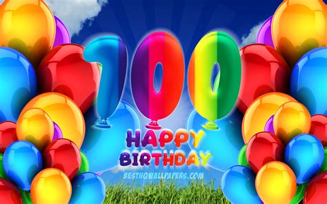 Download Wallpapers 4k Happy 100 Years Birthday Cloudy Sky Background