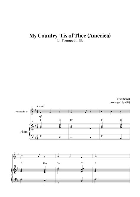 My Country Tis Of Thee America Sheet Music Traditional Trumpet
