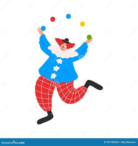 Smiling Funny Clown In Costume Juggling With Colorful Balls During