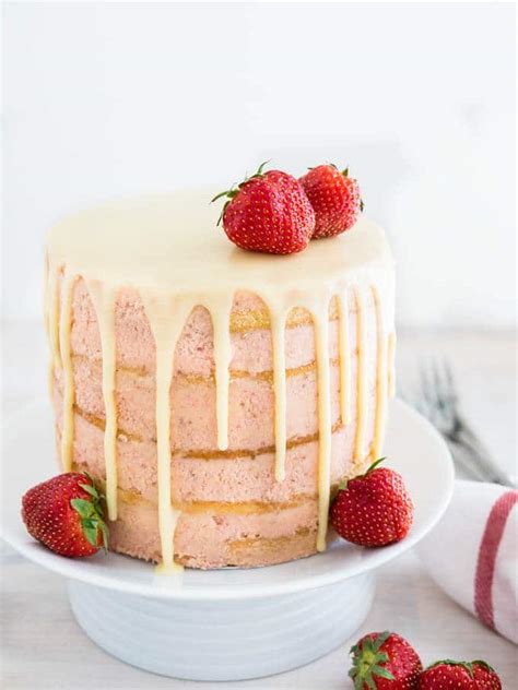 Naked Strawberry Layer Cake With White Chocolate Ganache Drip