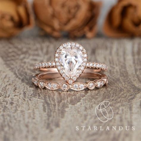 Pear Shaped Moissanite Engagement Ring Set Unique Vintage Rose Etsy