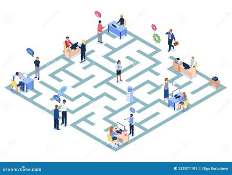 Bureaucrat In The Maze. People Stand In A Queue. Bureaucracy Concept
