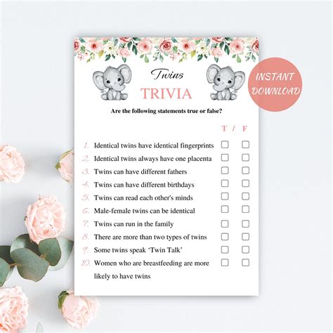 Printable Twin Trivia Baby Shower Game Floral Twin Baby Shower Game