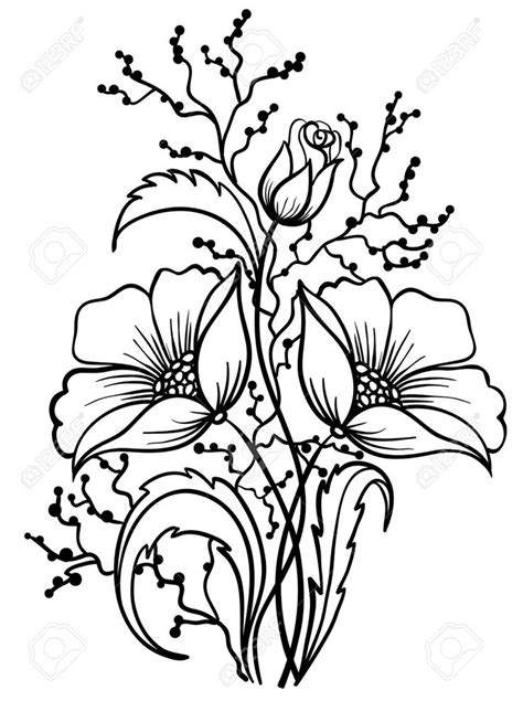 Arrangement Of Flowers Black And White Outline Drawing Of Lines