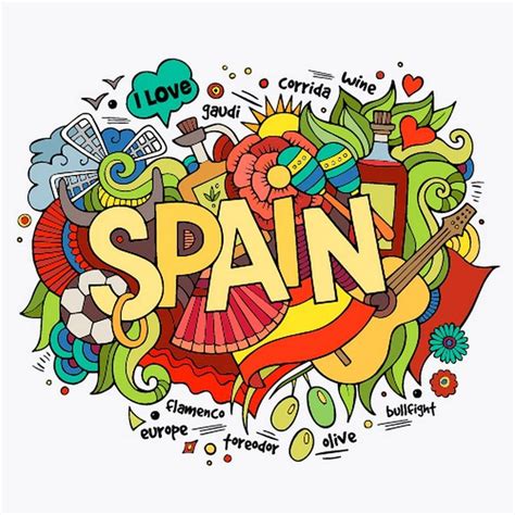 The Word Spain Written In Spanish Surrounded By Colorful Doodles