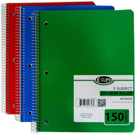 Wholesale 5 Subject College Ruled Wire Notebook 150 Sheets Sku