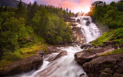 Norway Waterfall River Trees Sunset Wallpaper Nature And