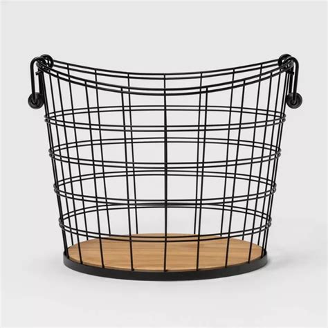 Metal Wire Round Basket With Solid Wood Base And Coiled Handle Black