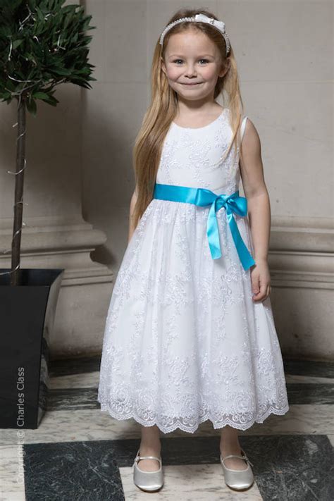 Girls White Lace Flower Girl Dress With Turquoise Sash Charles Class
