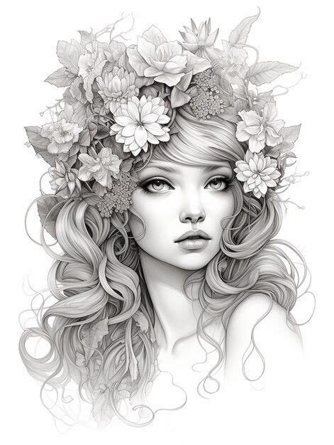 Premium Ai Image A Black And White Drawing Of A Woman With Flowers In